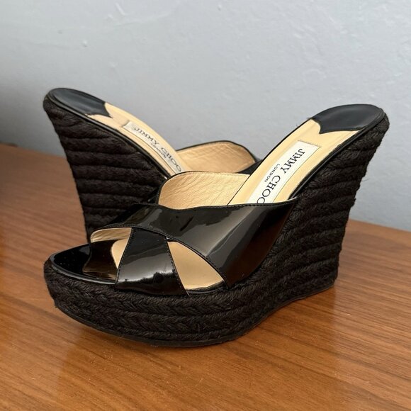 Jimmy Choo Phyllis Espadrille Wedges Mixmatch L: 37.5 / R: 37 Black Patent - Picture 1 of 12